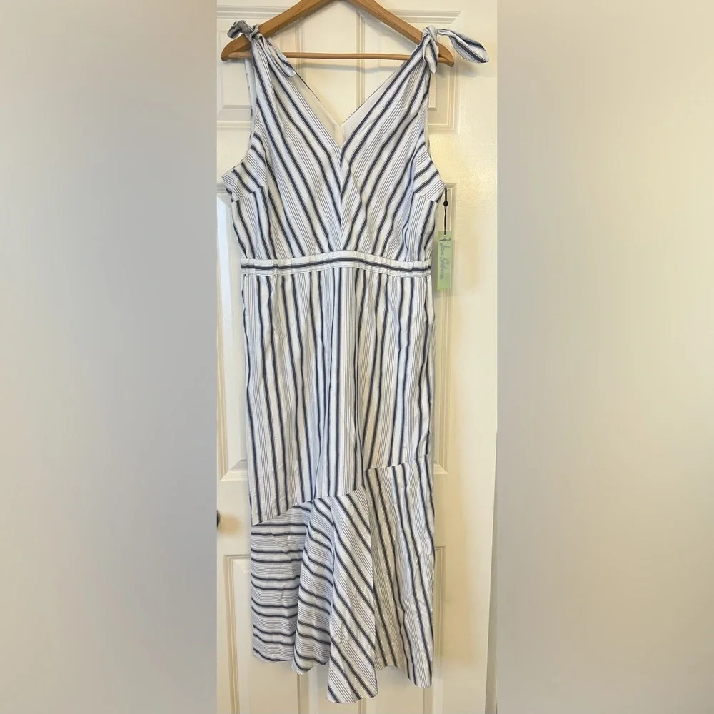 Sam Edelman Blue White Silver Metallic Stripe Sleeveless Maxi Dress Size Large - Picture 3 of 14